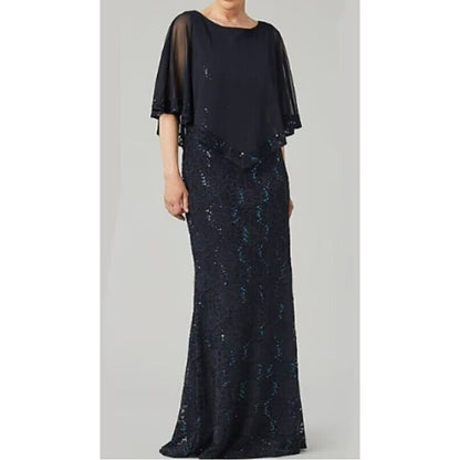 Onyx Nite Sequin and Lace with Sheer Cape Overlay Formal Gown Size 4 Navy NWT