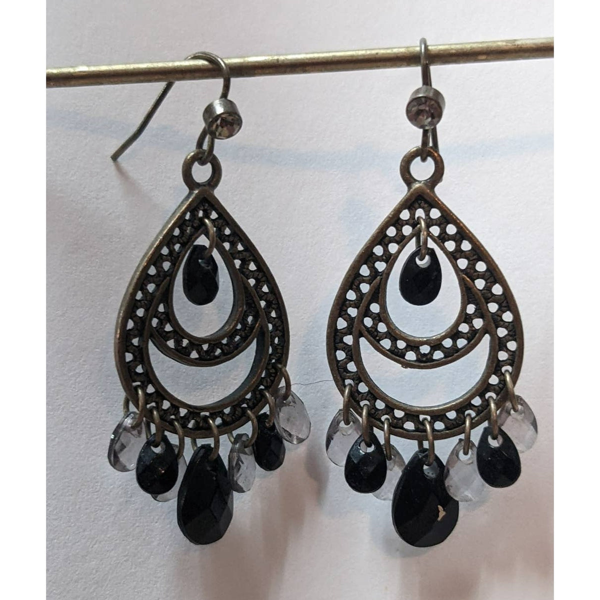 Vintage Teardrop Chandelier Earrings Black and Clear Stone Copper Tone Dangle