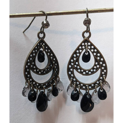Vintage Teardrop Chandelier Earrings Black and Clear Stone Copper Tone Dangle