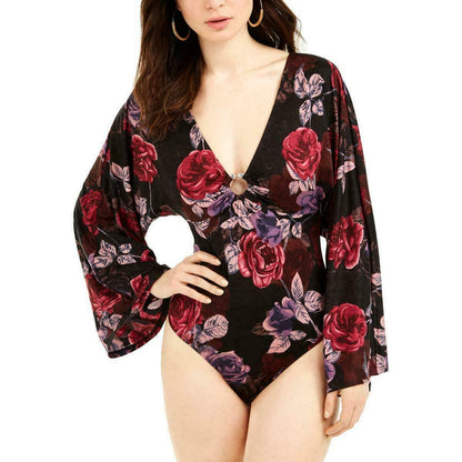 Guess Thong Bodysuit Top Blouse Kimono Sleeves Floral Jazzi Printed Black Size XS
