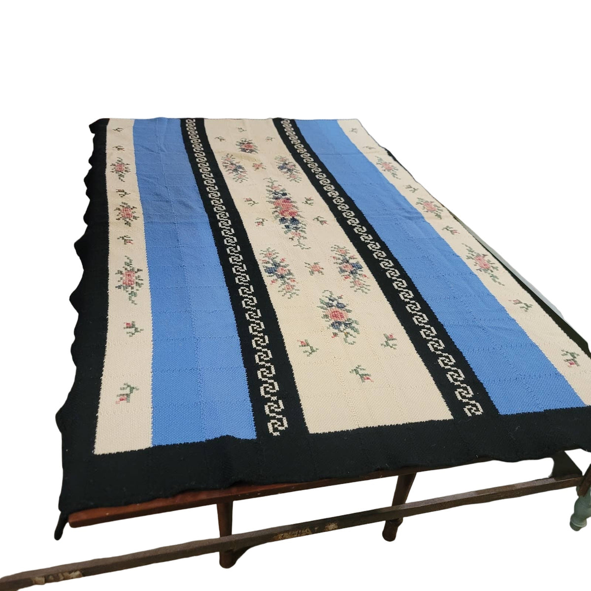Handmade coverlet Needlework Floral Colorblock Blue Black Blanket Bedspread VTG