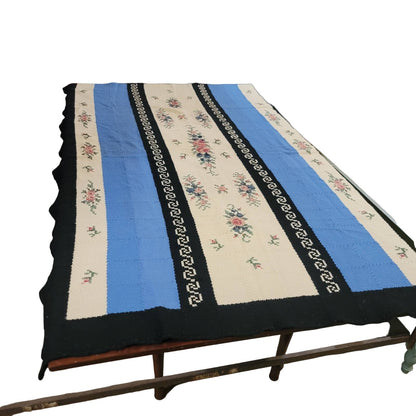 Handmade coverlet Needlework Floral Colorblock Blue Black Blanket Bedspread VTG