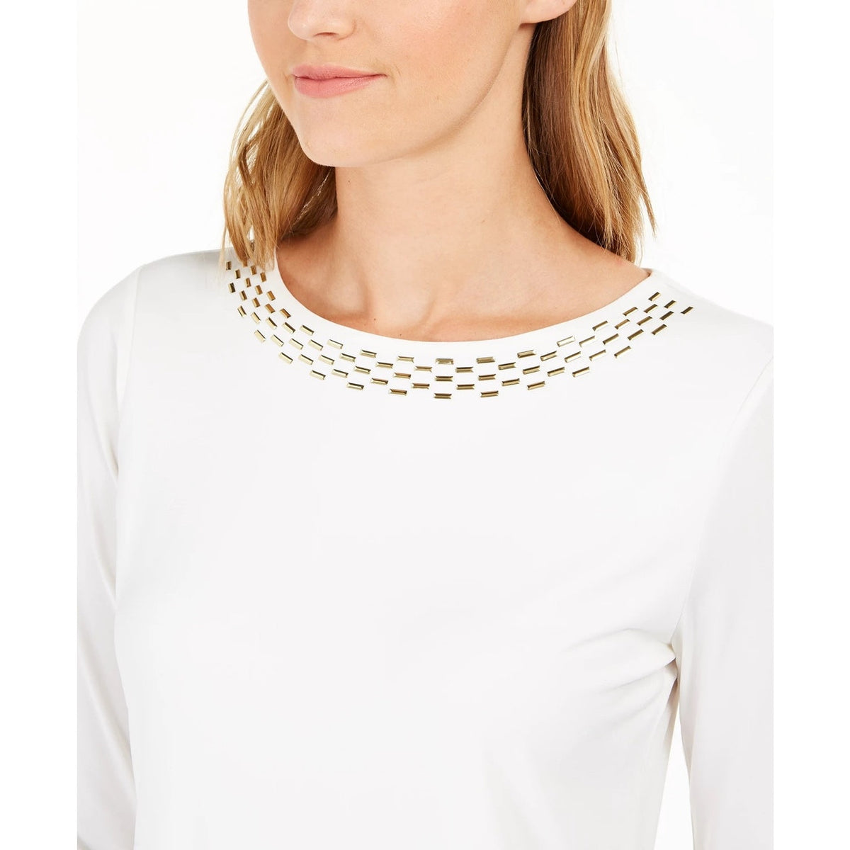 Calvin Klein NWT Gold Embellished-Neck Blouse Top Cream Size Small