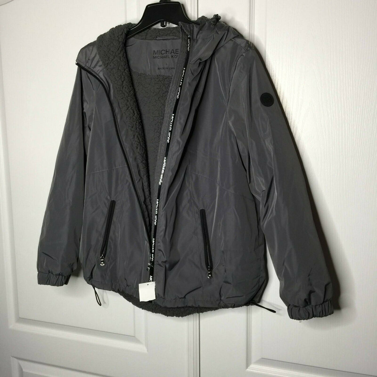 Michael Kors Missy Faux Shearling Gray Jacket Hood Elasticized Cuffs Large