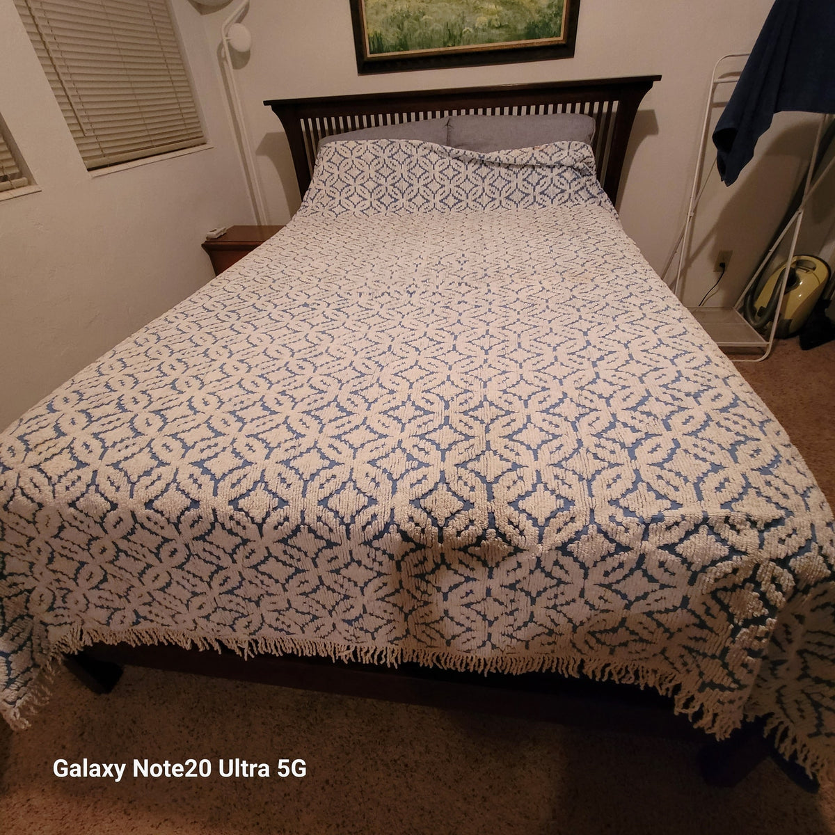 Vintage blue white chenille Bedspread coverlet queen fringe 90" x 100"