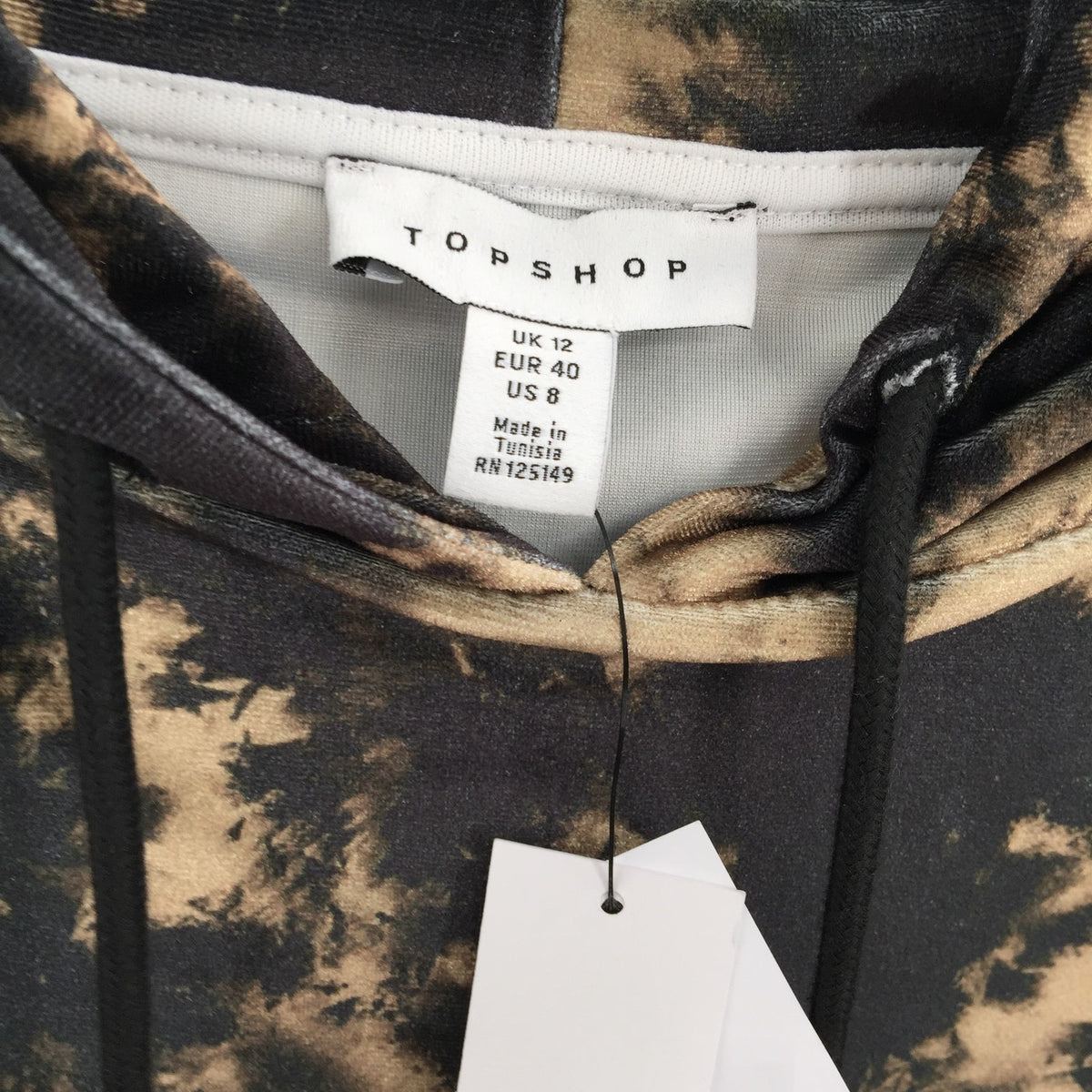 Topshop Hoodie Sweatshirt Dress Pocket Long Sleeve Abstract Tie Dye Tan/Black 8