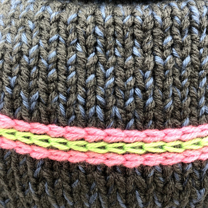 Vintage Round Plastic Handle Yarn Purse Knitted Crochet Detail Black Flower Pink