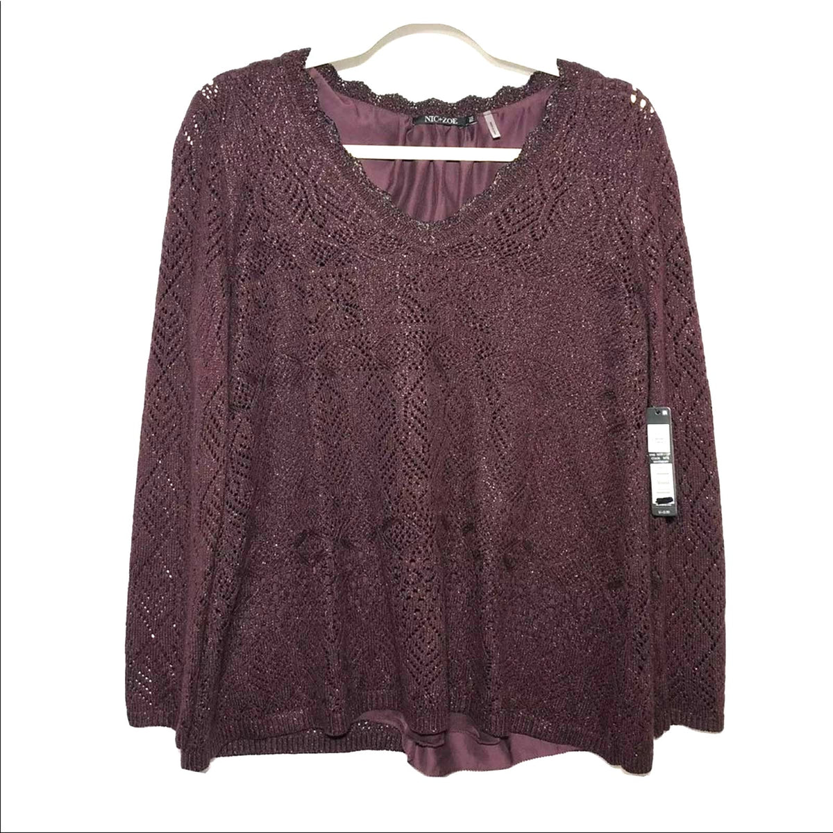 Nic+Zoe Purple Metallic Open Knit Sweater Small