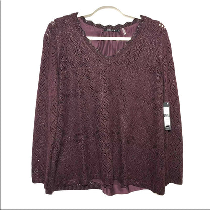 Nic+Zoe Purple Metallic Open Knit Sweater Small
