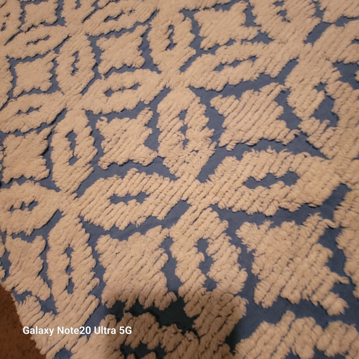 Vintage blue white chenille Bedspread coverlet queen fringe 90" x 100"