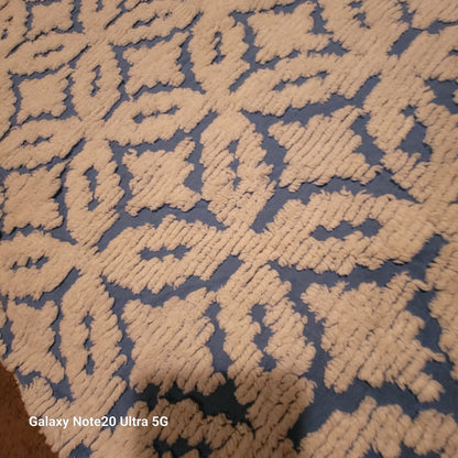 Vintage blue white chenille Bedspread coverlet queen fringe 90" x 100"