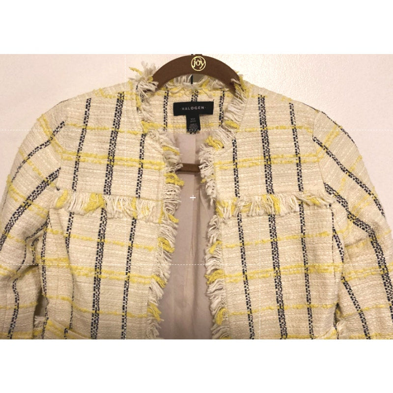 Halogen Estelle Tweed Fringe Plaid Jacket XXSP / 2XS Petite in Ivory Navy NWT