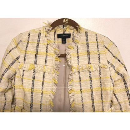 Halogen Estelle Tweed Fringe Plaid Jacket XXSP / 2XS Petite in Ivory Navy NWT