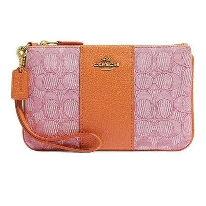 Coach Signature Jacquard & Leather Zip Slim Wristlet Taffy Orange NWT