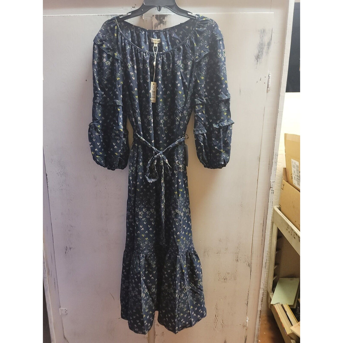 Max Studio Waist Tie Flounce Hem Dress Navy Floral Womens Medium Midi 3/4 Sleeve
