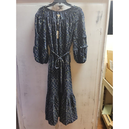 Max Studio Waist Tie Flounce Hem Dress Navy Floral Womens Medium Midi 3/4 Sleeve