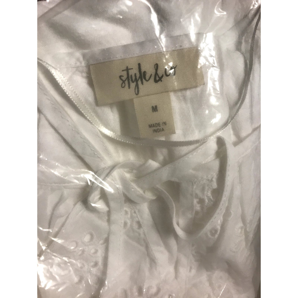 Style Co NWT Eyelet Lace Peasant Top Blouse 3/4 Sleeves Bright White Medium