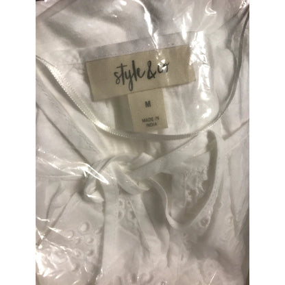 Style Co NWT Eyelet Lace Peasant Top Blouse 3/4 Sleeves Bright White Medium