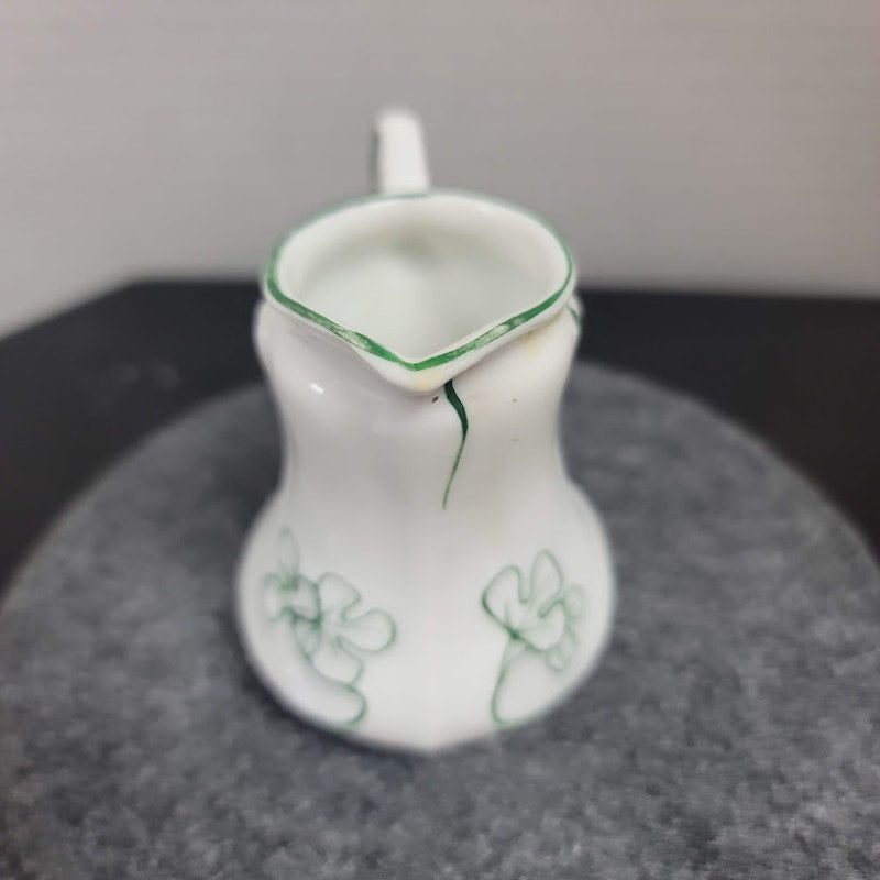 181 Belleek ini milk creamer porcelain hand painted white green pitcher