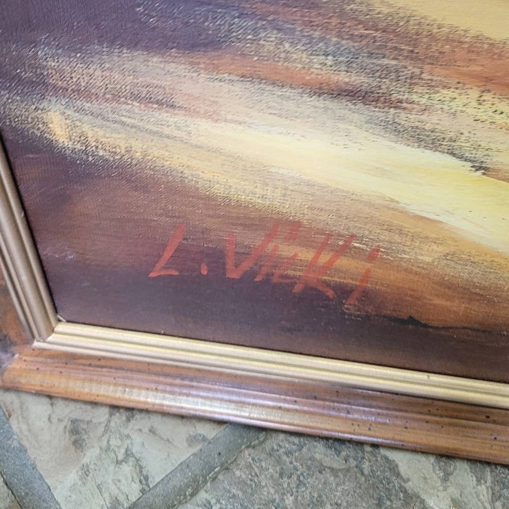 L. VICKI Oil MCM painting Large Landscape Oranges Yellow Large Wood Frame