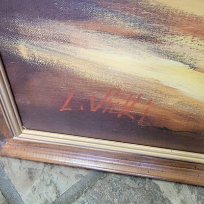 L. VICKI Oil MCM painting Large Landscape Oranges Yellow Large Wood Frame