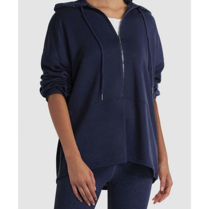 Halston Studio Zip Front Long Sleeve Drawstring Hoodie Sz Large in Navy Blue NWT
