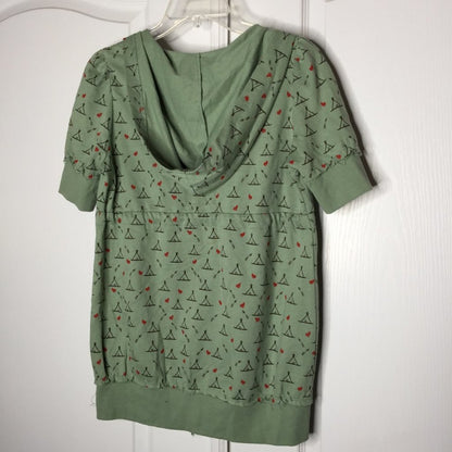 Blue Bird Full Zip Hoodie Short Sleeve Green Red Heart Tepees MediumTie waist