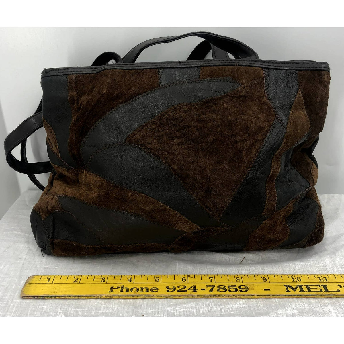 Vintage 1980s Top Handle Brown Leather Patchwork Purse Multi Compartment Handbag