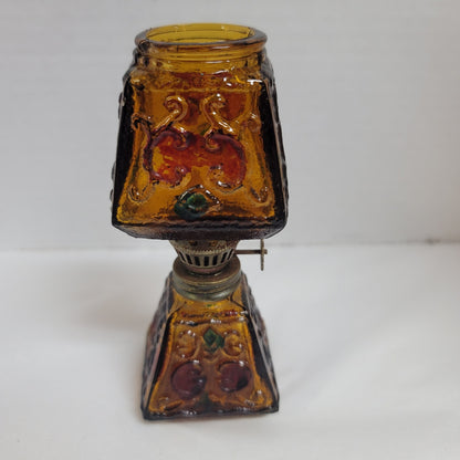 Vintage Miniature Oil Lamp  with globe 5" tall painted Amber Mini Hurricane