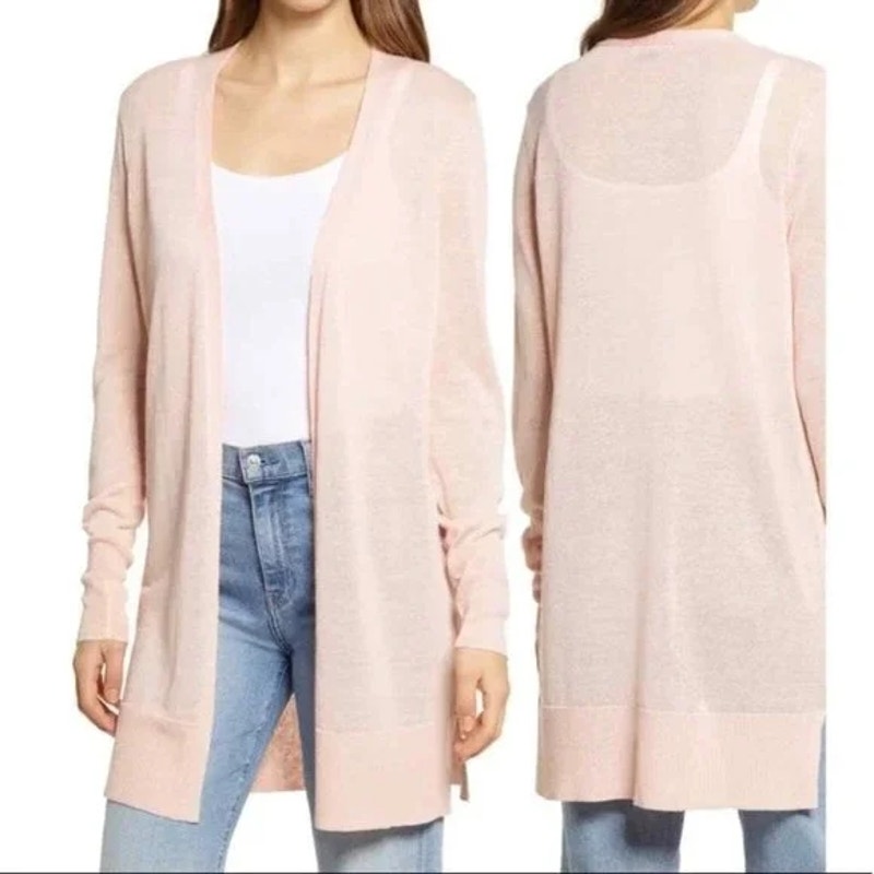 Halogen Open Front Knit Cardigan Sweater XXS Petite Pink Chintz NWT Linen Blend