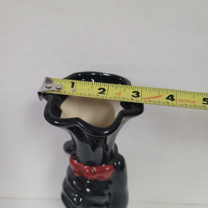 Vintage fluted black hand red bowtie tall vase Ceramic 9" tall