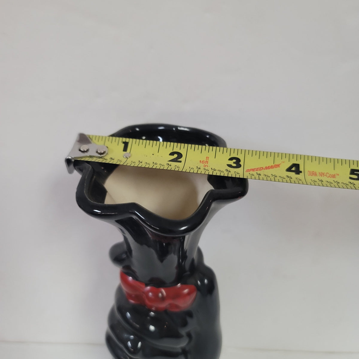 Vintage fluted black hand red bowtie tall vase Ceramic 9" tall