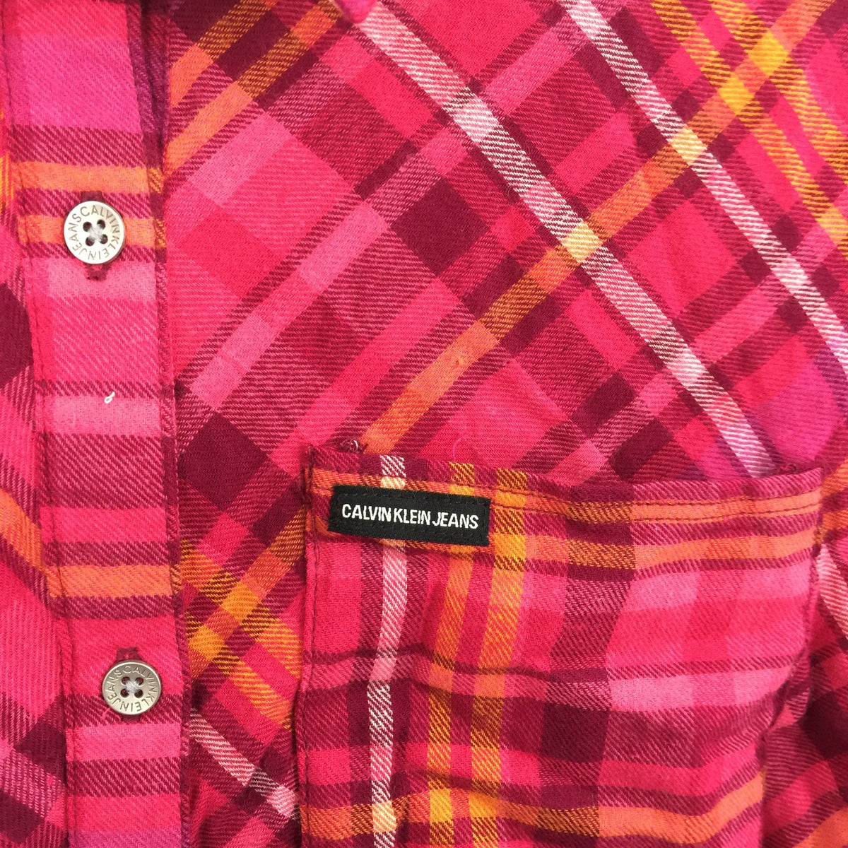 Calvin Klein Jeans Button Up Shirt Extra Large/XL 16 Raspberry Plaid NWT Raw Hem