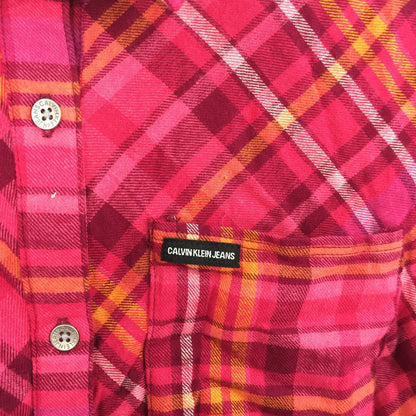 Calvin Klein Jeans Button Up Shirt Extra Large/XL 16 Raspberry Plaid NWT Raw Hem
