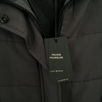 Lucky Brand Long Quilted Winter Parka Coat Drawstring Hood Gunmetal SZ Small