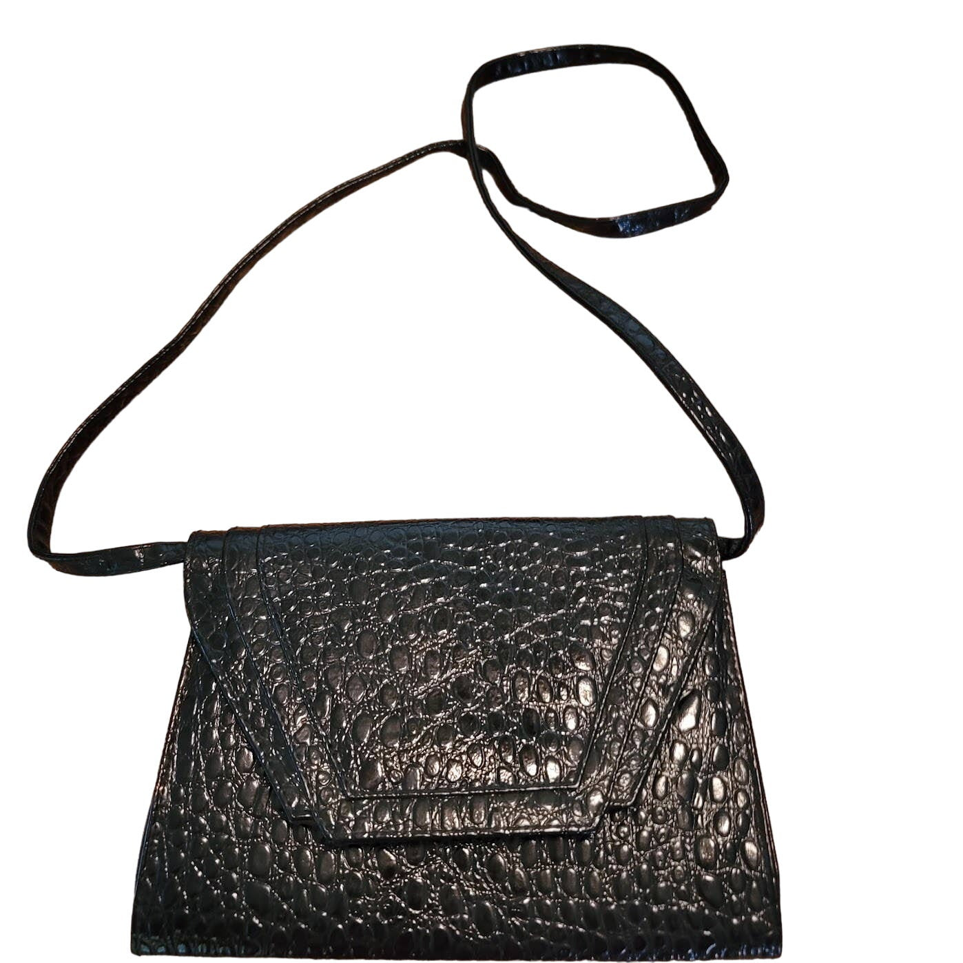 Vintage Black Faux Alligator Clutch Shoulder Bag Mid-Century Modern Glam