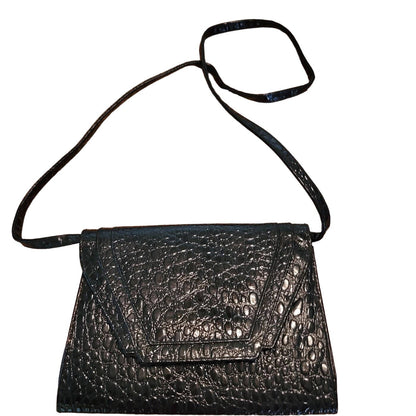 Vintage Black Faux Alligator Clutch Shoulder Bag Mid-Century Modern Glam