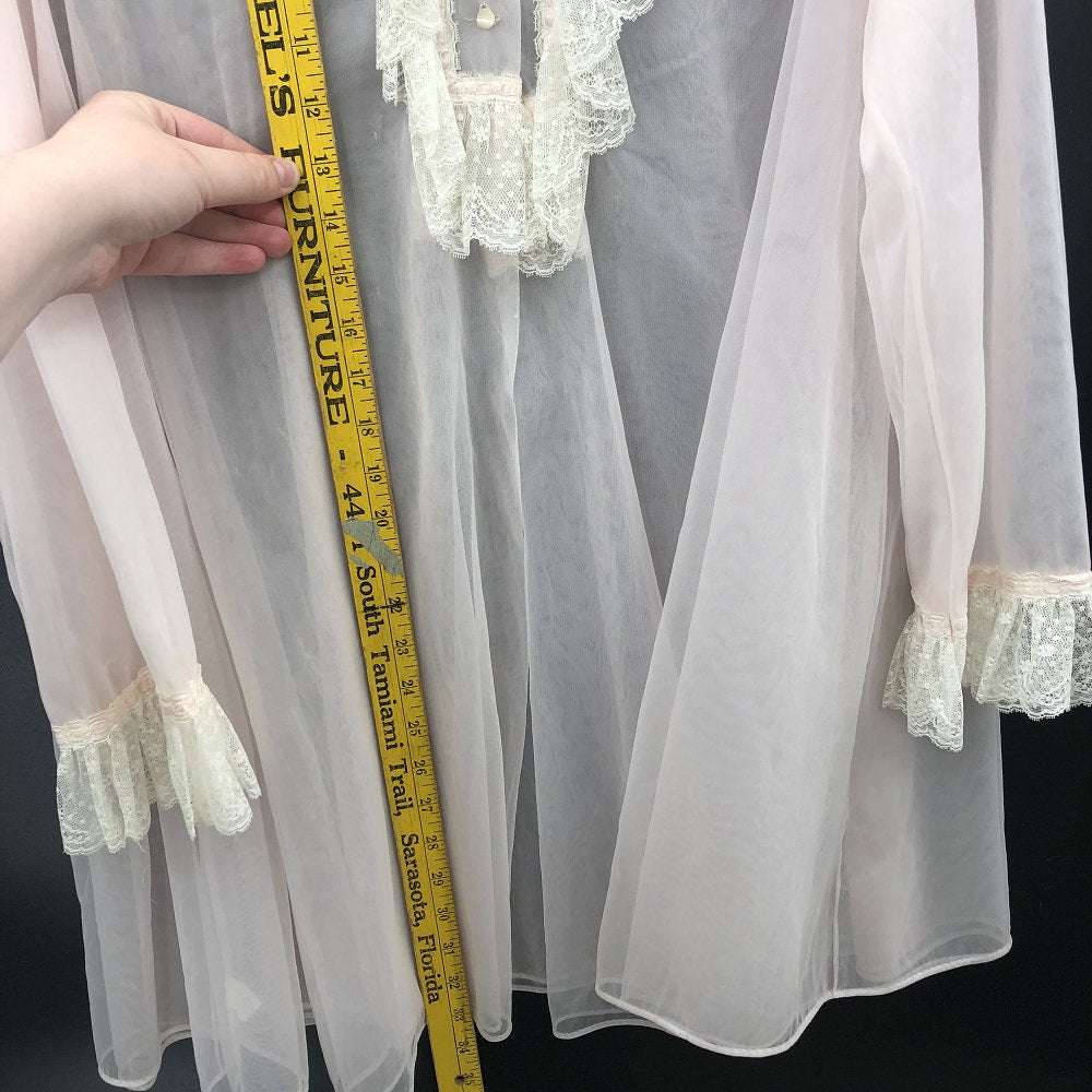 Vintage Pink Sheer Chiffon Ruffle Lace Nightgown Robe Romantic Loungewear
