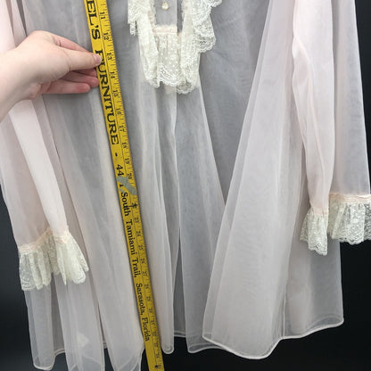 Vintage Pink Sheer Chiffon Ruffle Lace Nightgown Robe Romantic Loungewear