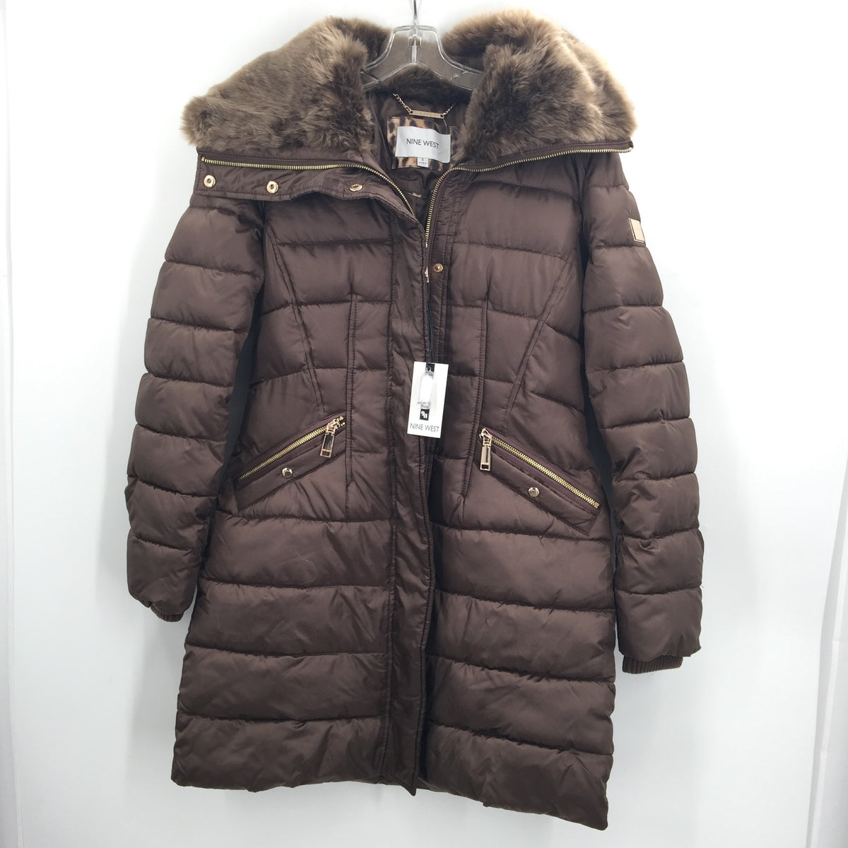 NINE WEST Women's Hooded Puffer Quilted Jackets Long Sleeves Brown Small NWT