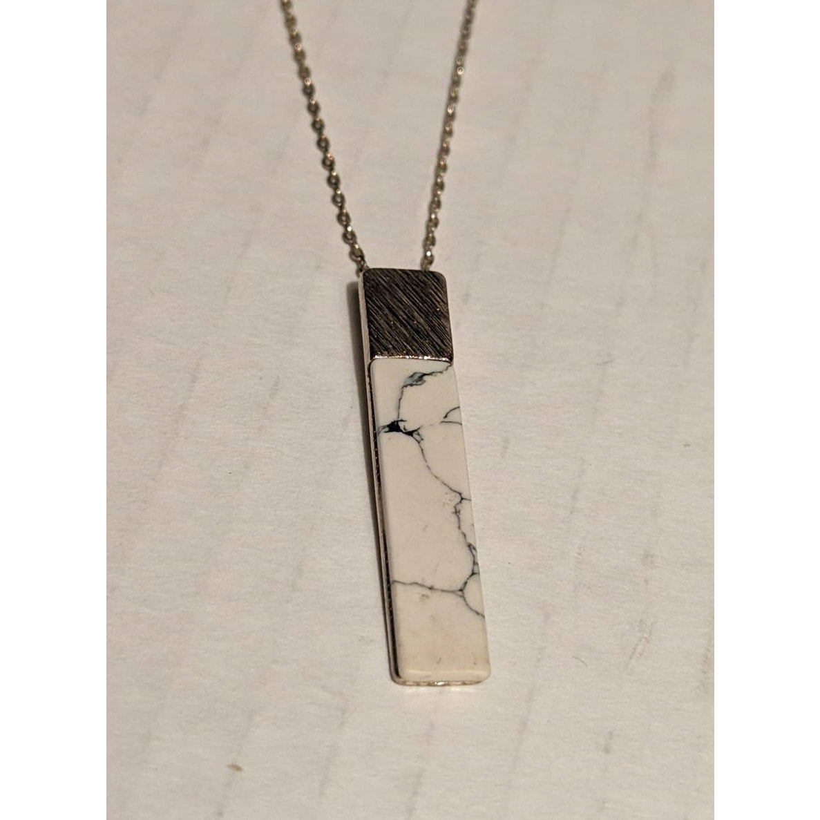 Oliver Bonas Silverplated Howlite Facet White Bar Rectangle Pendant on Chain 35"