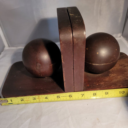 Vintage Pair Carved Wood Sphere Balls Orb BookEnds Walnut checkerboard Inlay MCM