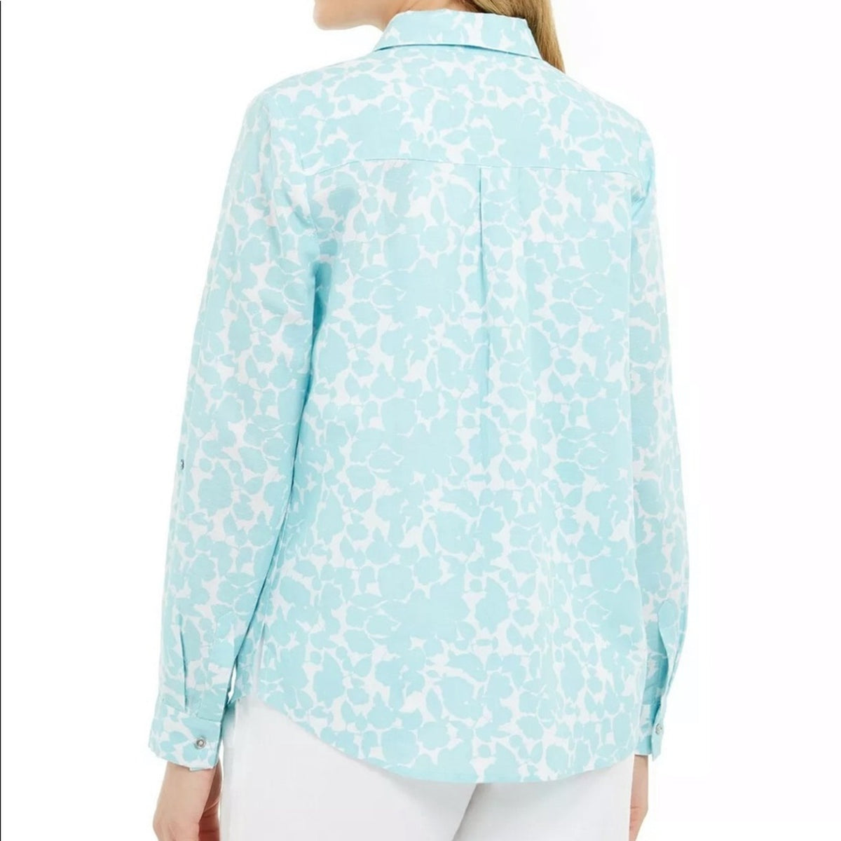 Charter Club Blue White Floral Print Linen Shirt Size Small Button Up Blouse NEW
