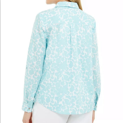 Charter Club Blue White Floral Print Linen Shirt Size Small Button Up Blouse NEW