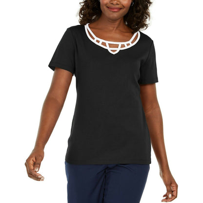 Karen Scott NWT Cotton Short Sleeve Lattice-Trim Blouse Top Deep Black PL