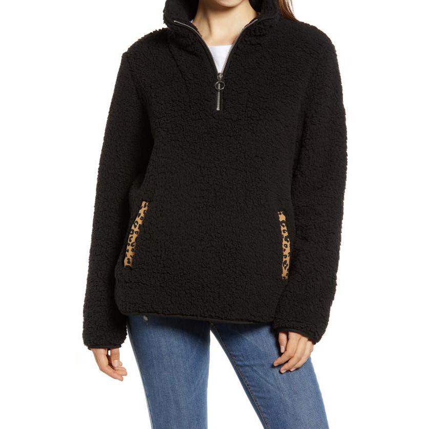 Thread & Supply Kangaroo Pouch Cozy Fleece Pullover 1/2 Zip Jacket Black/Leopard