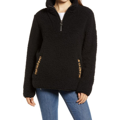 Thread & Supply Kangaroo Pouch Cozy Fleece Pullover 1/2 Zip Jacket Black/Leopard
