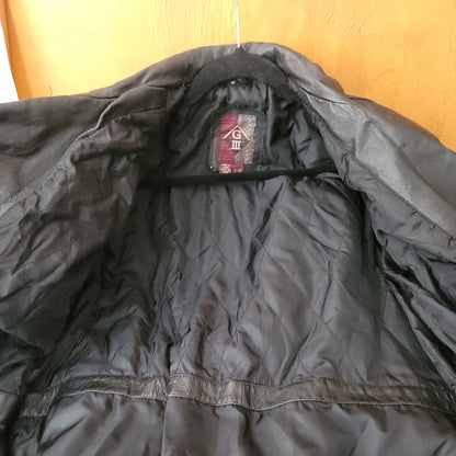 G III Women VINTAGE Black Leather Jacket Coat Belted Front Zip Quilt Lined Large