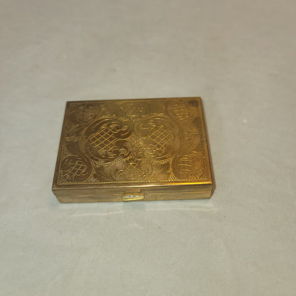 Vintage Vanity powder lipstick mirror metal case 1950s Goldtone floral etched
