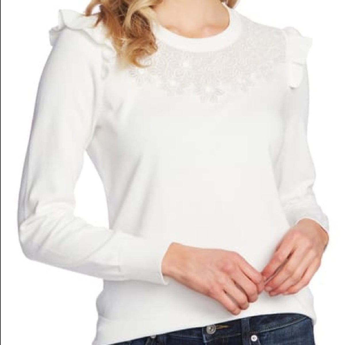 CeCe NEW White Ruffle Floral Embroidered Sweater XL Lightweight Pack extra large